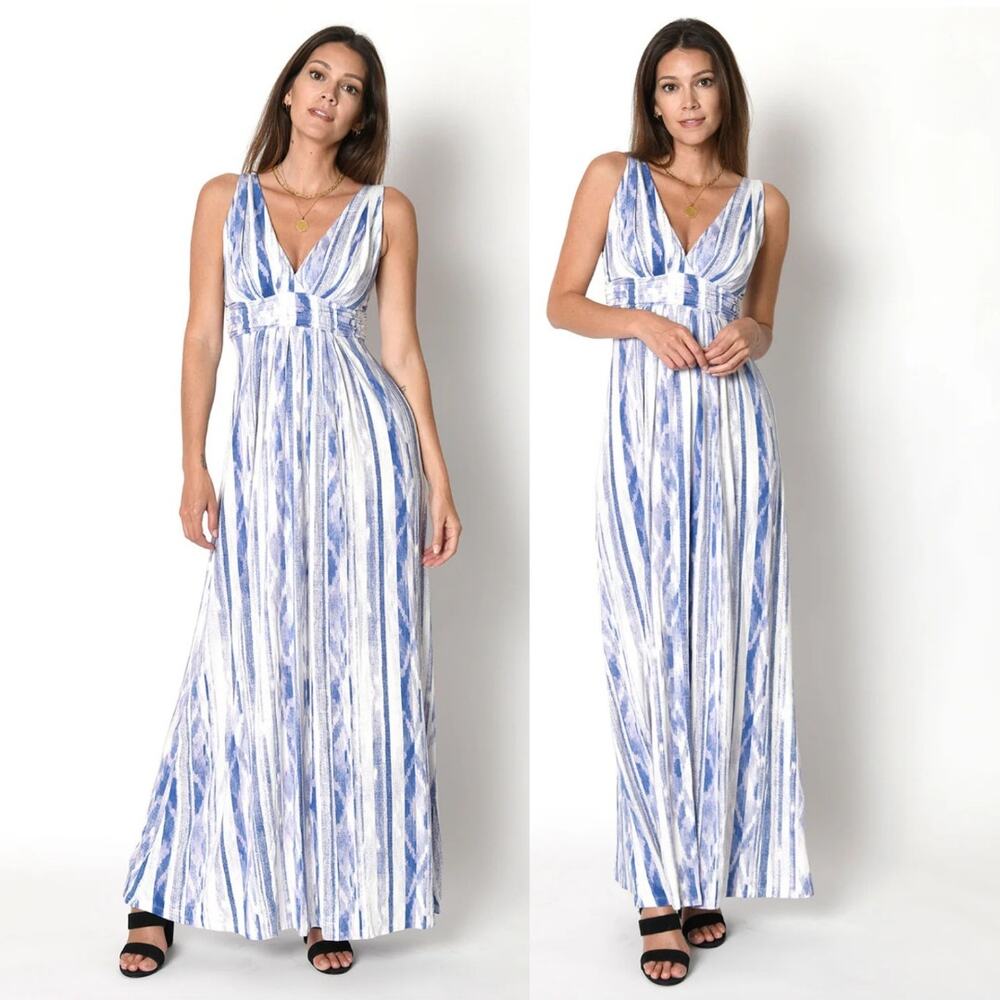 LEMON TART V NECK LONG ADRIANNA MAXI DRESS SUMMER SOFT WHITE  BLUE SIZE Plus 1X